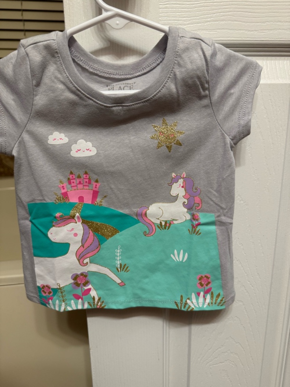 The Children's Place Gray Tee with Teal Unicorn Panel and Pink Accents
